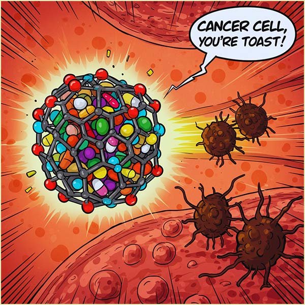 Buckyball delivering drug molecules to cancer cells